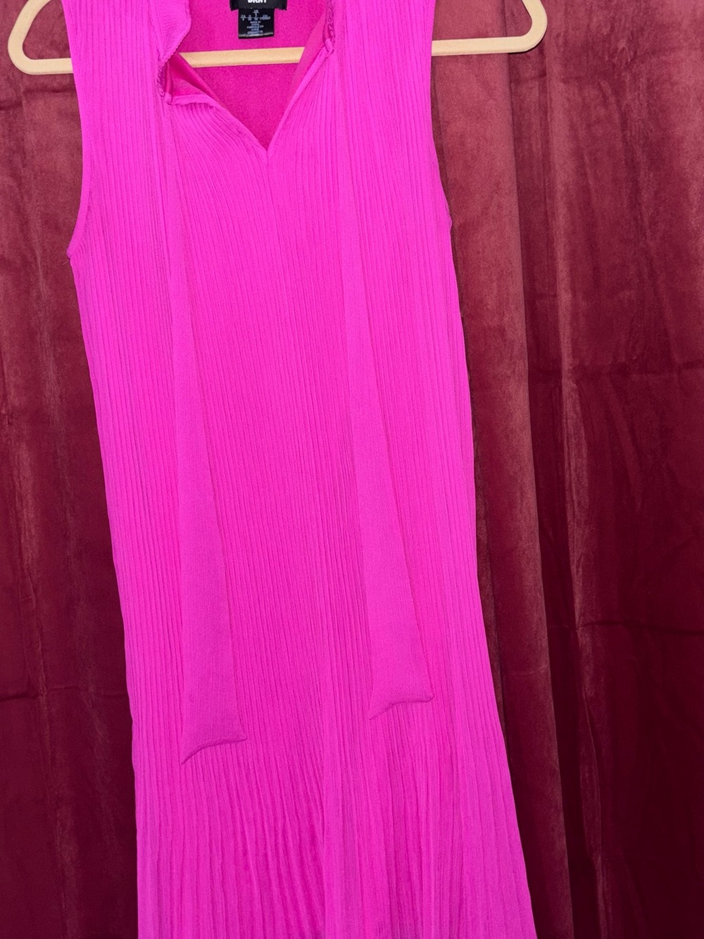 DKNY Hot Pink Sleeveless Pleated Maxi Dress with Neck Tie